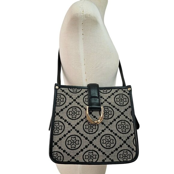 Foxer Designer Brand Logo Fabric Black Leather Bag Adjustble Strap Gold Hardware - Picture 1 of 12